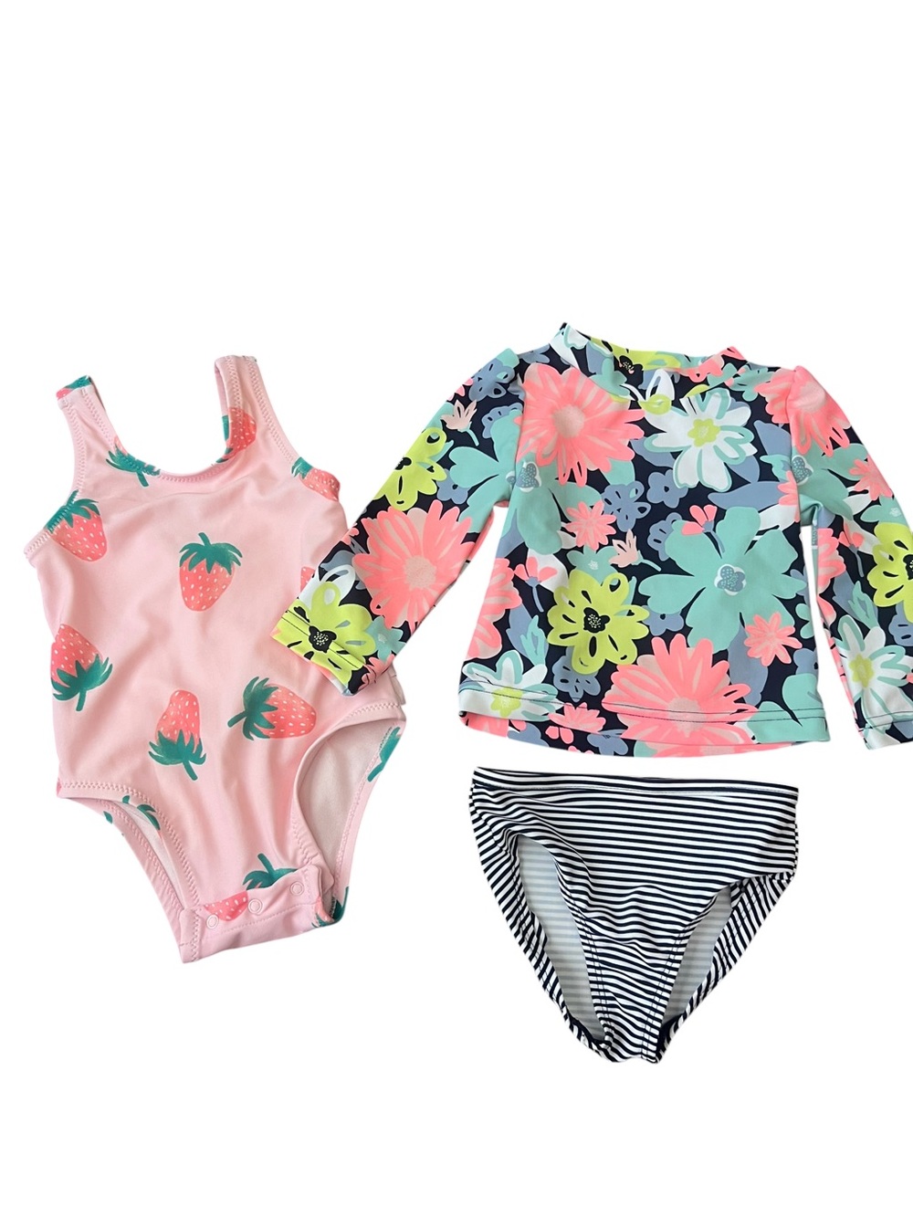 Pink Strawberry One-Piece &  Floral Rash Top and Striped Bottoms